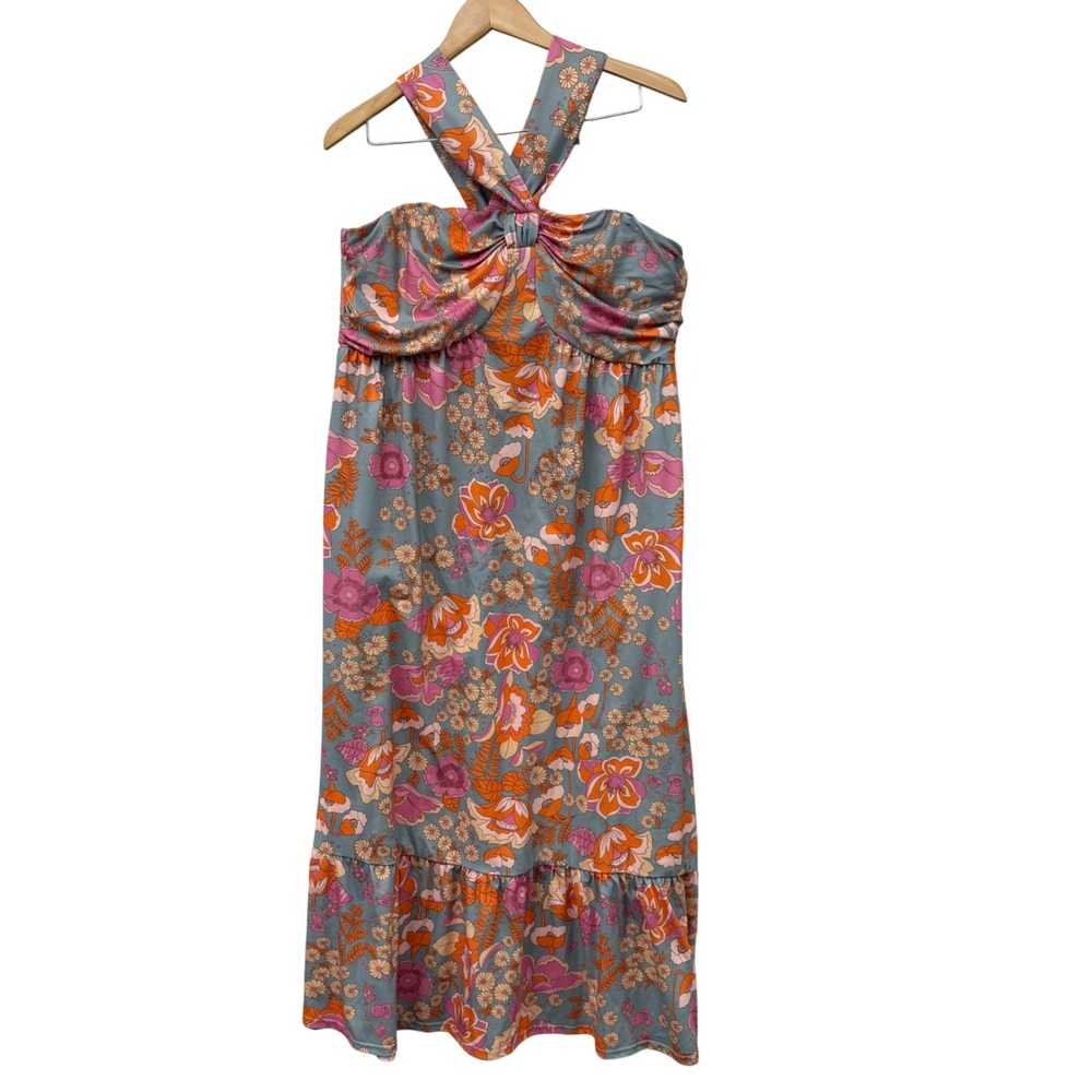 Grace Karin Retro Floral Halter Midi‎ Dress 70s Style Blue Orange Pink Ruffle XL